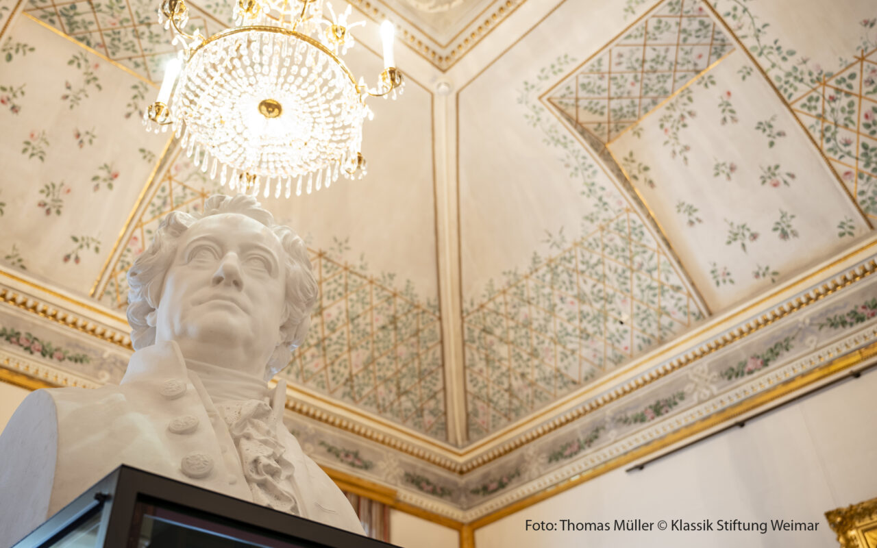 Blick aus Froschperspektive an Goethe-Büste vorbei zur Decke mit Kronleuchter